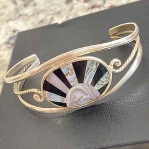 Vintage Mexican Alpaca Silver Abalone Onyx Inlay Sunburst Moon Cuff Bracelet